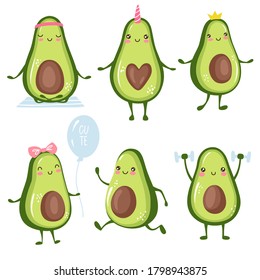 Personajes de aguacate de caricaturas haciendo deporte, entrenamiento cardiovascular, yoga, entrenamiento, princesa linda, unicornio. Colección de frutas divertidas aisladas en un fondo blanco.