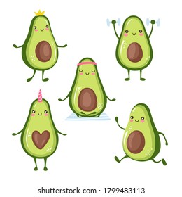 Cartoon avocado characters doing sport, yoga, workout, cute princess, unicorn. Funny and happy fruits stickers collection isolated on white background.