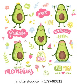 Cartoon avocado characters doing sport, yoga, workout, cute princess, unicorn and couple in love. Funny and happy fruits stickers collection. Lettering quotes, hearts, flowers, stars.