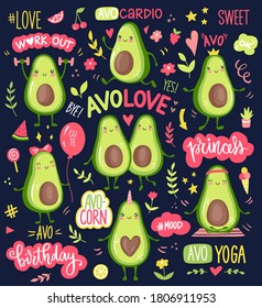 Cartoon avocado Charaktere, die Sport treiben, Cardio-Training, Yoga, Workout, süße Prinzessin, Einhorn und verliebtes Paar. Die Kollektion der feinen Obstaufkleber. Zitate, Herzen, Blumen, Sterne.