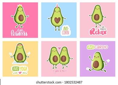 Cartoon avocado characters. Funny fruits collection isolated on white background. Kawaii vector illustration. Kids print, greeting cards, vegan posters, vegetarian banner.