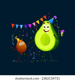 Cartoon avocado characters on holiday party. Vector festive occasion with funny jovial fruit half and amusing seed wearing party hats dance and having fun with cocktails, decorations and confetti