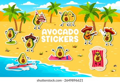 Cartoon avocado characters stickers pack. Avocados fruit mexican mariachi musicians, surfing and sunbathing on beach, holding birthday cake, jogging and doing yoga vector characters stickers set
