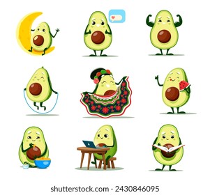 Cartoon avocado characters vector set. Cute vegetable sitting on the moon, showing muscles, jump with rope and dancing flamenco. Eating watermelon or nachos, reading book, chatting and work on laptop