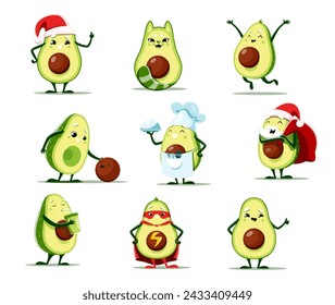 Conjunto de vectores de personajes de aguacate de dibujos animados. Papá Noel con la bolsa de los regalos, el animal de la defensa, la máscara y la capa del superhéroe llevan, jefe con una comida en la bandeja. Personaje vegetal fresco bebiendo cóctel, regocijo y diversión