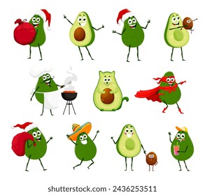 Conjunto de vectores de personajes de aguacate de dibujos animados. Papá Noel con la bolsa de los regalos, animal de la defensa, mariachi en sombrero, superhéroe, comida de la barbacoa de la cocina principal. Padre con semilla de bebé, niño en la tapa bebiendo cóctel