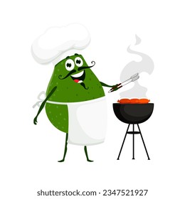 Cartoon avocado chef character with charming appearance. Isolated vector vegetable personage wearing white toque and apron, cooking fried sausages on barbeque machine, bringing culinary flair to dish