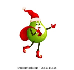 Cartoon avocado Christmas and new year winter tropical fruit character dressed as Santa Claus dances joyfully with gift bag on shoulder. Isolated vector Noel personage exudes festive holiday spirit