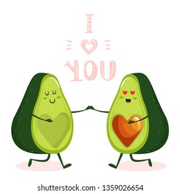 Cartoon avocado couple character with heart and trendy lettering. Stylish typography slogan design "I love you" sign. Design for t shirts, stickers, posters, cards etc. Vector illustration.