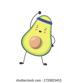 Cartoon Avocado doing exercises. Cute funny character making workout. Vector illustration isolated on white background.