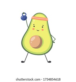 Cartoon Avocado doing exercises. Fithess workout and active lifestyle. Vector Character illustration isolated on white background.