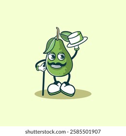 A cartoon avocado, dressed in a hat and holding a cane, portrays a sophisticated and charming gentleman.