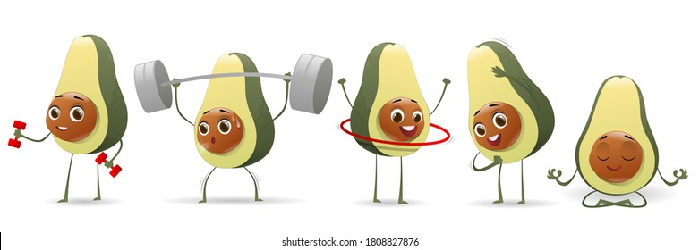 Cartoon avocado fitness character set. Funny healthy lifestyle. Cute avocado characters set. Avocado doing sport, yoga meditate, gym  on white background. Vector illustration