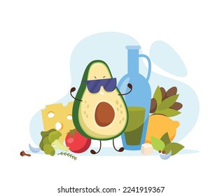 Cartoon avocado flat composition with character of fruit wearing sunglasses and cheese with lemon and olives vector illustration