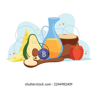 Cartoon avocado flat composition with character of fruit collecting vitamins and food ingredients cheese and oil vector illustration