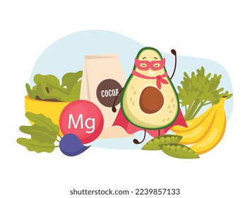 Cartoon avocado flat composition with view of ripe greens and banana with cocoa and superhero fruit vector illustration