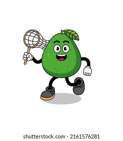 Cartoon of avocado fruit catching a butterfly , character design