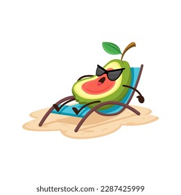 Cartoon avocado Fruchtcharakter auf dem Sommerstrand entspannen und sich auf dem Bett braun. Einziger vektorfrischer Fruchtcharakter, der draußen Spaß macht und sich im Seebad erholt, der die Ozeansonne auf Deck aufsaugt