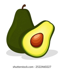 Cartoon avocado fruit. Fresh raw delicious avocado, whole fruit and half flat vector illustration on a white background