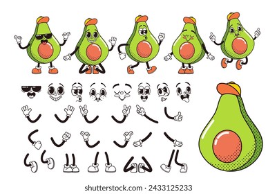 Cartoon Avocado Half Fruit Character Construction Kit. Isolated Vector Personage Generation Creation Set