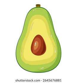 Cartoon Avocado Half with Pit Vector Illustration. This vibrant vector illustration features a stylized cartoon representation of a halved avocado.