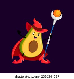 Cartoon avocado Halloween vegetable wizard, witch and mage character with magic staff. Vector quirky whimsical tropical veggies magician personage performing magical trick, promoting healthy food