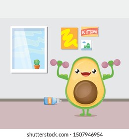 Cartoon avocado lifting dumbbells at home. Cute sporty healthy food character making sport exercise. Fitness concept