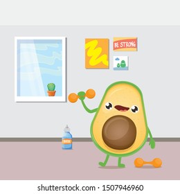 Cartoon avocado lifting dumbbells at home. Cute sporty healthy food character making sport exercise. Fitness concept