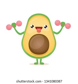 Cartoon avocado lifting dumbbells isolated on white background. Cute sporty healthy food character making sport exercise. Fitness concept 