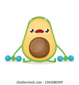 Cartoon avocado lifting dumbbells isolated on white background. Cute sporty healthy food character making sport exercise. Fitness concept 
