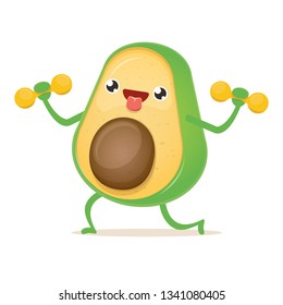 Cartoon avocado lifting dumbbells isolated on white background. Cute sporty healthy food character making sport exercise. Fitness concept 