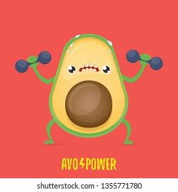 Cartoon avocado lifting dumbbells isolated on pink background. Cute sporty healthy food character making sport exercise. Avocado power Fitness concept illustration 