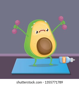 Cartoon avocado lifting dumbbells on blue yoga mat in fitness club or gym. Cute sporty healthy food character making sport exercise. Fitness concept