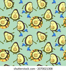 Cartoon avocado meditating, roller skating, pool swimming seamless pattern design. Doodle style repeat background with happy fruit.