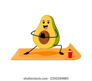 Cartoon avocado mexican food character on yoga fitness. Isolated vector exotic vegetable standing on mat in yogi asana, promoting relaxation, flexibility, and mindfulness with its adorable demeanor