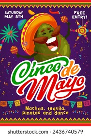 Cartoon avocado musician character, Cinco De Mayo Mexican holiday party vector flyer. Funny avocado charro in sombrero with maracas and mustache, pinata and papel picado flags for Cinco De Mayo fiesta