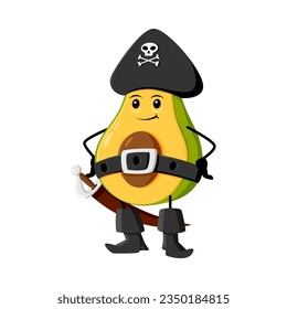 Cartoon avocado pirate and corsair tex mex mexican food character. Isolated vector confident captain fruit. Caribbean filibuster personage, armed with a gleaming saber, stands with arms akimbo