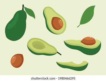 El aguacate de la caricatura. aguacates maduros, alimentos orgánicos sanos y nutritivos y rodajas de aguacate.
Vocado verde, comida dietética. Conjunto de ilustraciones vectoriales.