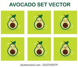 A cartoon of an avocado with a smile on its face. The avocado is surrounded by six other avocados, all with different expressions