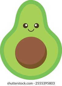 Cartoon avocado with a smiling face, large brown seed, and light green outer layer, ideal for children's illustrations, food-related designs, and playful contexts.