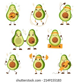 Cartoon avocado. Sport and daily activity, healthy cute characters with jump rope, exercises with barbell, hold pencil, funny fruit mascot workout, playing guitar, walking couple vector set