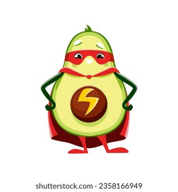 Caricatura del personaje de superhéroe aguacate con un signo de relámpago. Vegetador vectorial aislado, personaje heroico con cuerpo en forma de aguacate, usar máscara y capa, listo para salvar el día con sus superpoderes