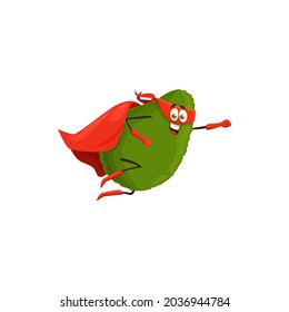 Cartoon Avocado Superhero Isolated Vector Icon. Vegetable Super Hero Personage In Cape And Mask Flying With Raised Arm, Funny Fairytale Character, Healthy Food, Vitamin