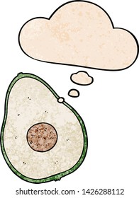 cartoon avocado with thought bubble in grunge texture style