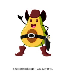 Cartoon avocado vegetable cowboy or sheriff character. Funny vector ranger wear hat, belt and boots. Fresh veggies horseman personage, isolated wild west fantasy healthy food, friendly vitamin plant