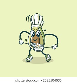 A cartoon avocado wearing a chef's hat skillfully cooks a sunny-side-up egg in a pan.