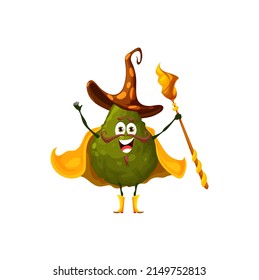 Cartoon avocado witch character, wizard magician fruit or vegetable with magic wand, isolated vector. Kids personage, funny avocado sorcerer, magician or warlock mage in magic cape and witch hat