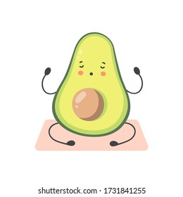 Cartoon Avocado Yoga. Cute Vegetable meditating. Flat Character Avocado doing sport and relaxing. Vector illustration isolated on white background.