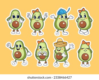 Cartoon avocados characters sticker pack. Vector illustration.