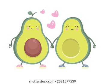 Cartoon avocados in love. Avocado boy and girl together and pink hearts. Fresh food characters clothes print or postcard, nowaday vector template